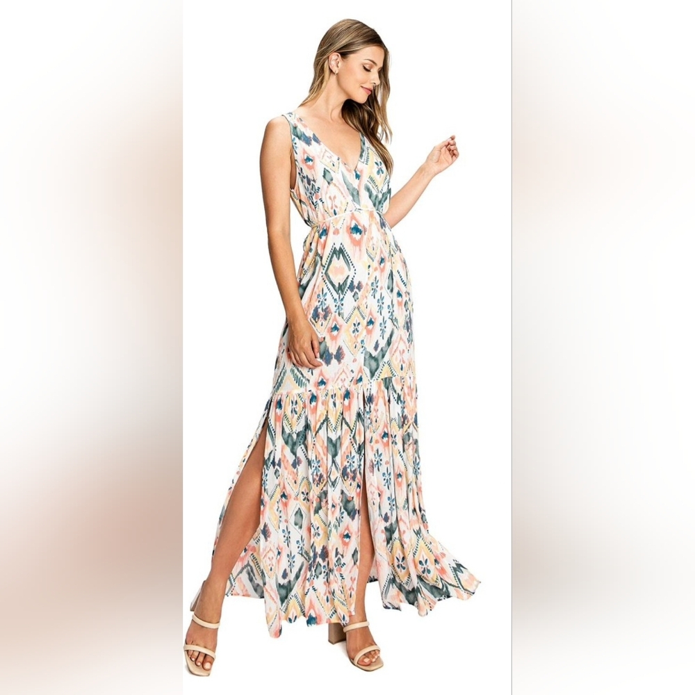 Lovestitch Abstract Boho Plunging Neckline Maxi Dress